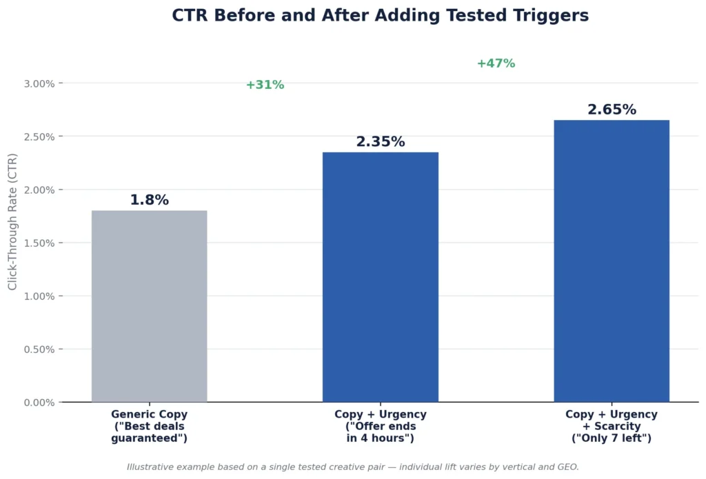 Before and after bar chart showing CTR increase after adding a psychological trigger to a pop ad creative