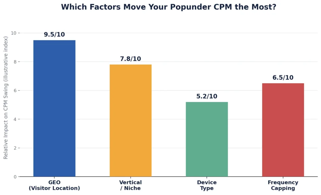 Bar chart comparing popunder ad CPM impact across GEO, vertical, device type, and frequency capping factors.
