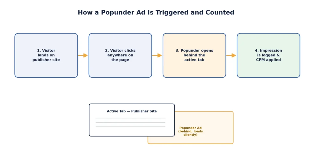 Diagram showing how a popunder ad triggers behind the active browser tab when a visitor clicks anywhere on a publisher's website.